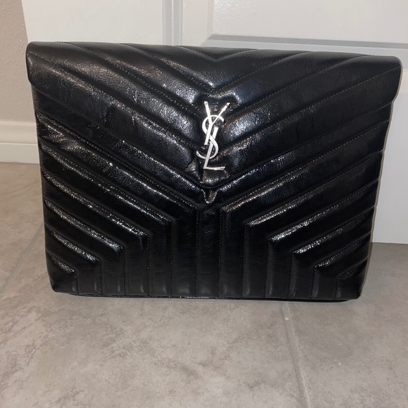 YSL SAINT LAURENT Lou Lou Large Document Bag Black Quilted Patent Leather - Picture 1 of 11